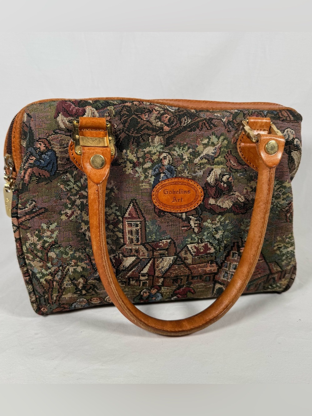 Vintage Gobelins Art Tapestry Handbag with Leather Trim